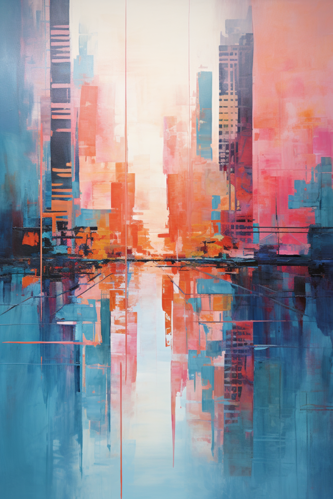 An abstract painting of a city skyline.