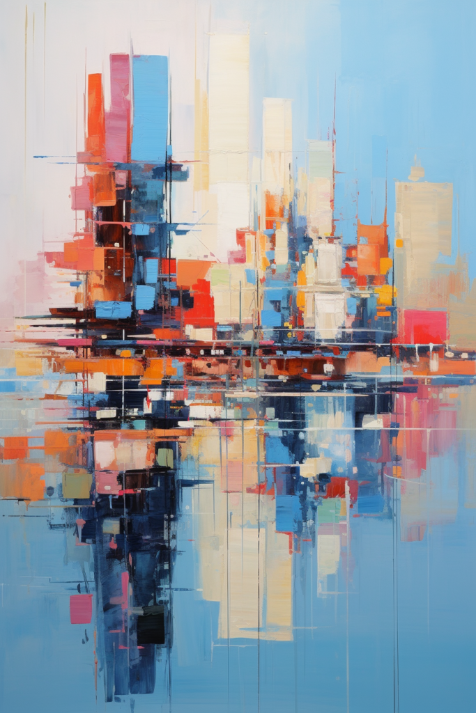 An abstract painting of a city in blue and orange.