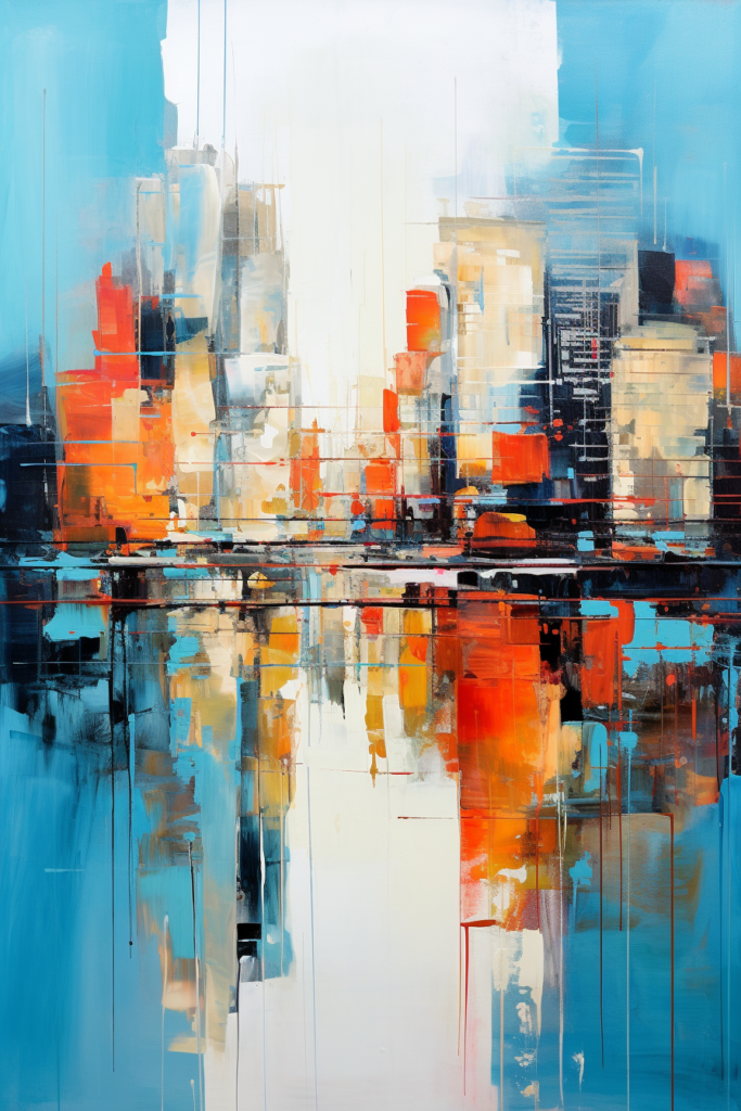 An abstract painting of a city in blue and orange.