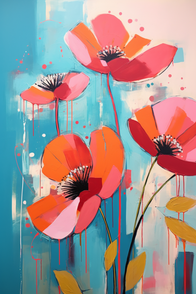 A painting of red poppies on a blue background.