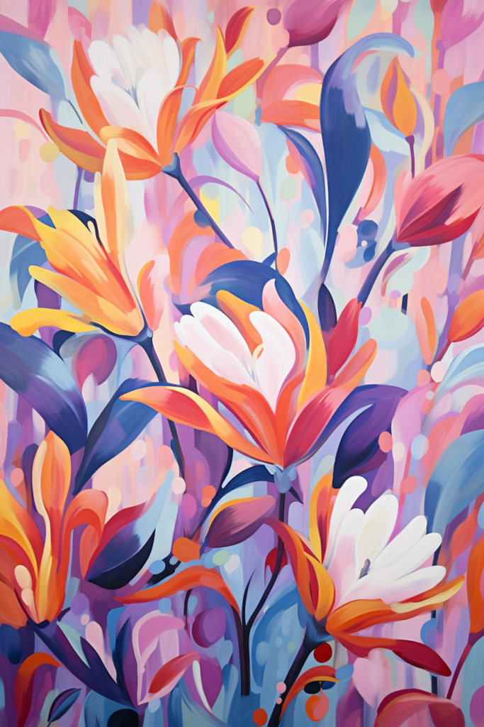 A painting of colorful flowers on a blue background.