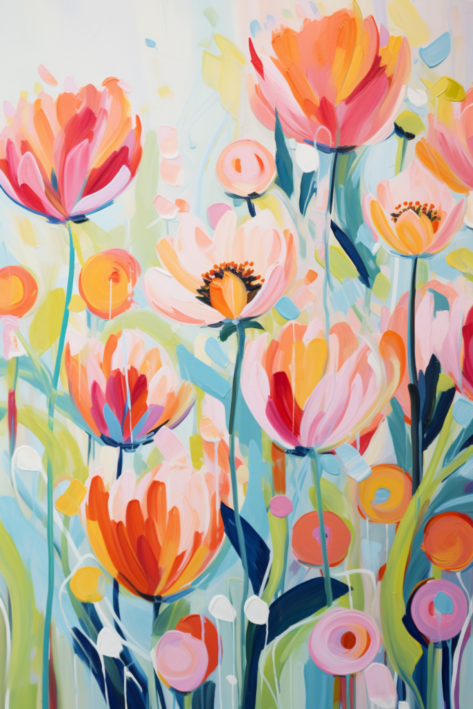 A painting of orange and pink flowers on a blue background.