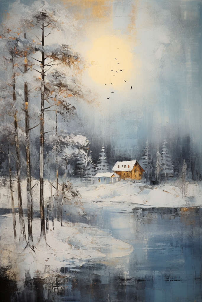 A painting of a winter scene with a house and birds.