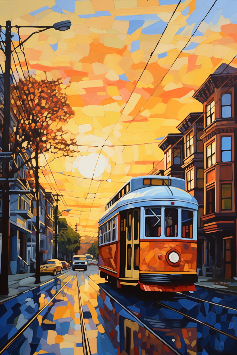 A painting of a trolley on a street.