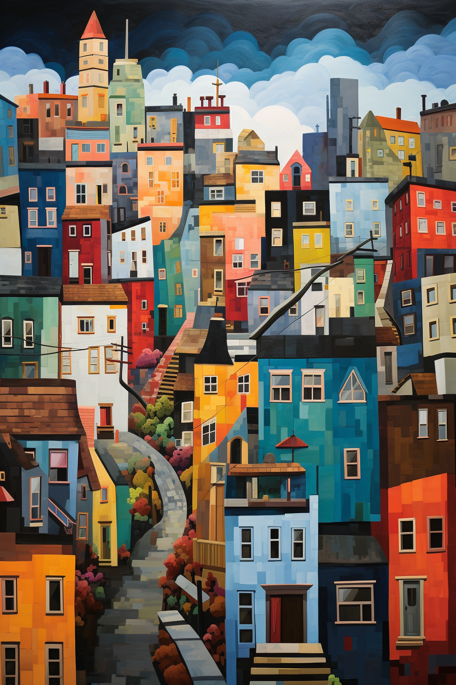 A painting of a city with many colorful buildings.