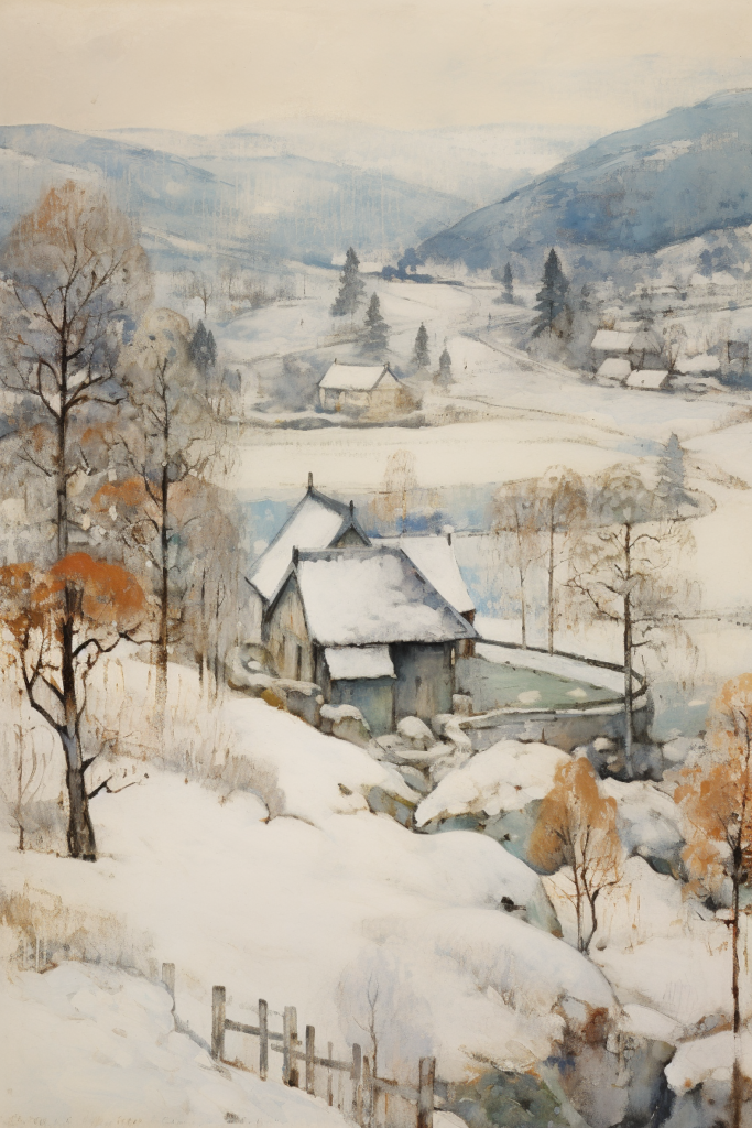 A painting of a snowy landscape with a house.