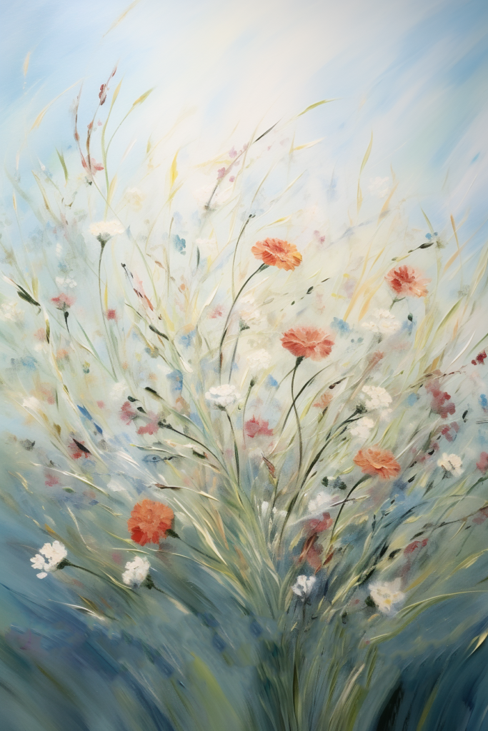 An oil painting of flowers in a field.