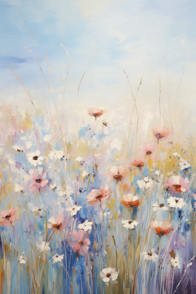 A painting of a field of flowers with blue sky.