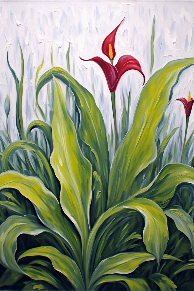 A painting of a red flower in a green field.