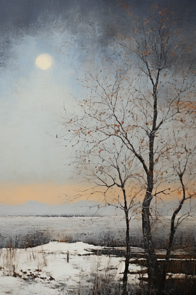 A painting of a snowy landscape with trees and a moon.
