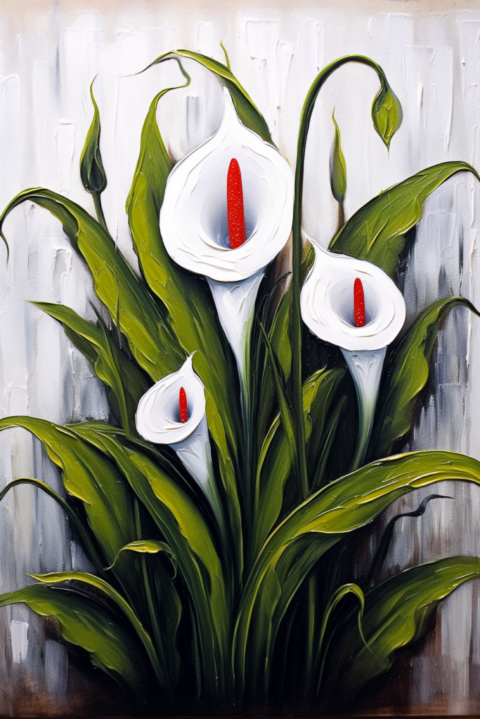 A painting of white calla lilies on a white background.