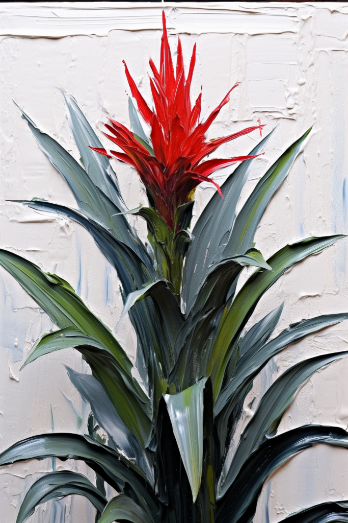 A red bird of paradise plant in front of a white wall.