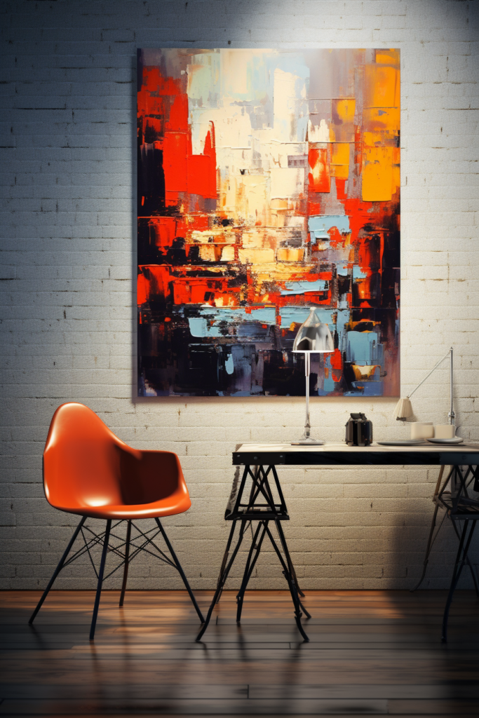 An abstract painting hangs above a desk.