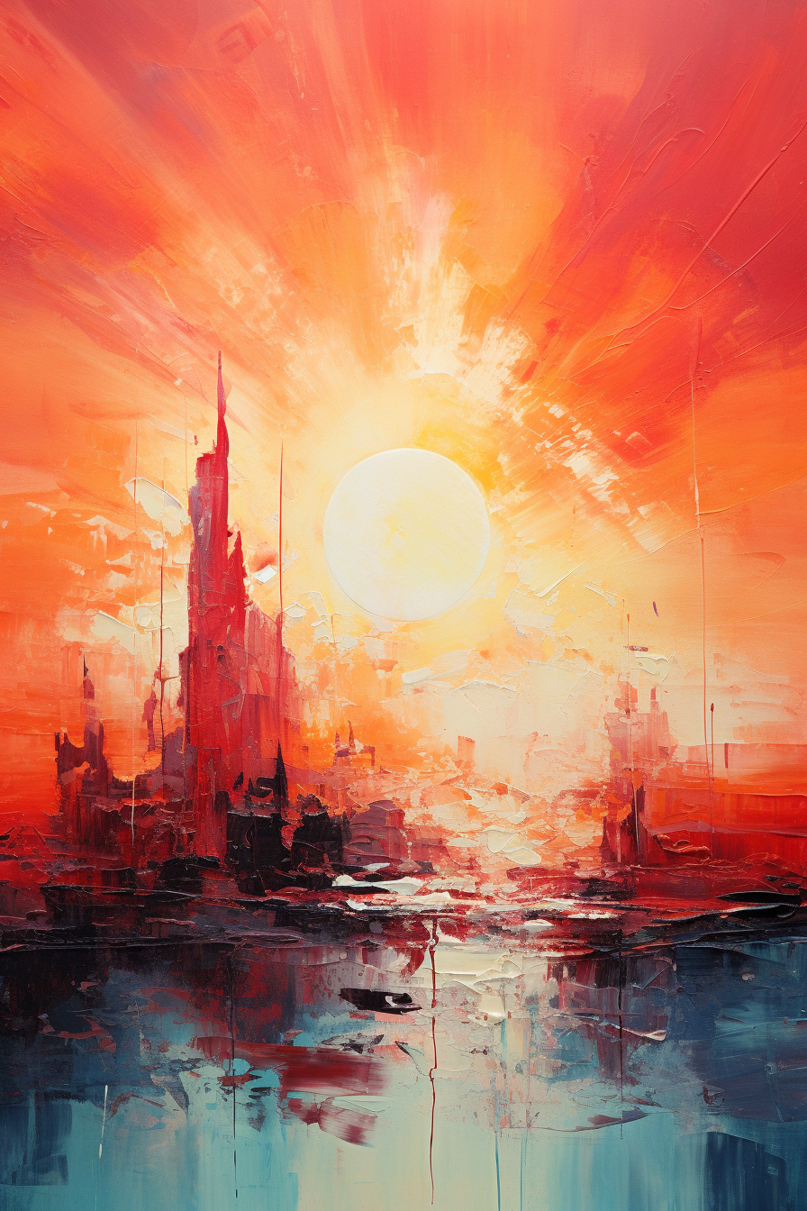A painting of a city at sunset.