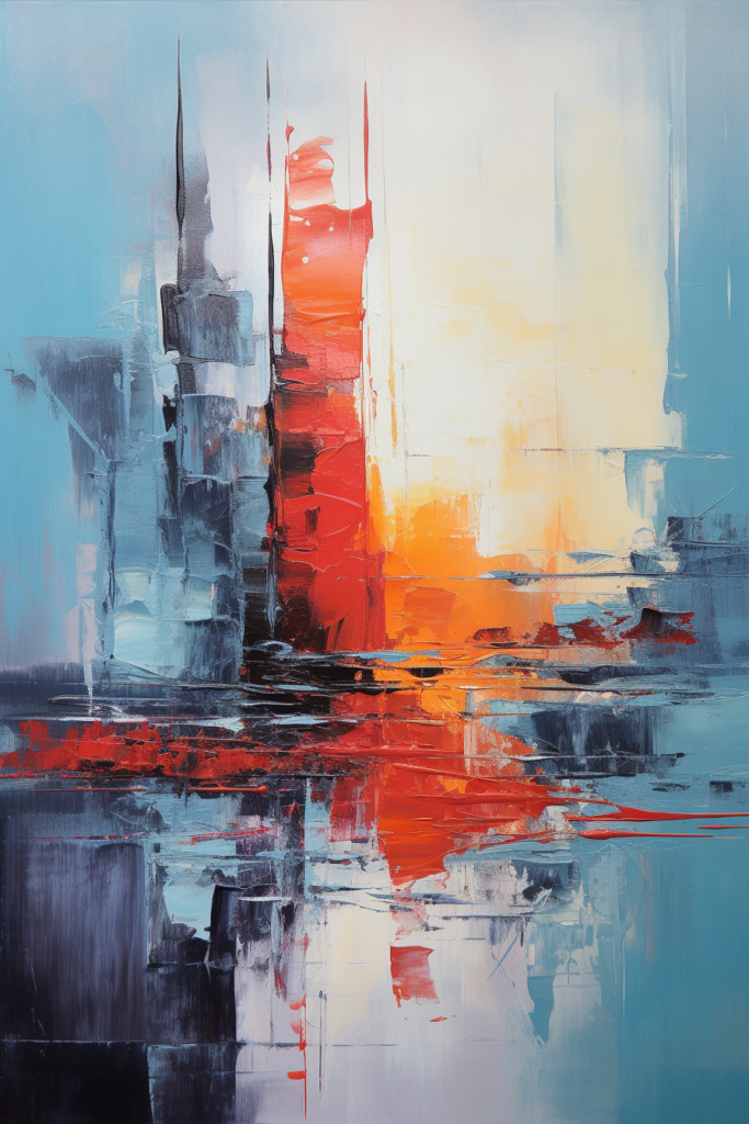 An abstract painting with red, orange and blue colors.