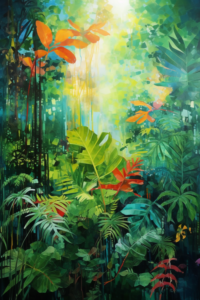 A painting of a tropical forest with colorful plants.