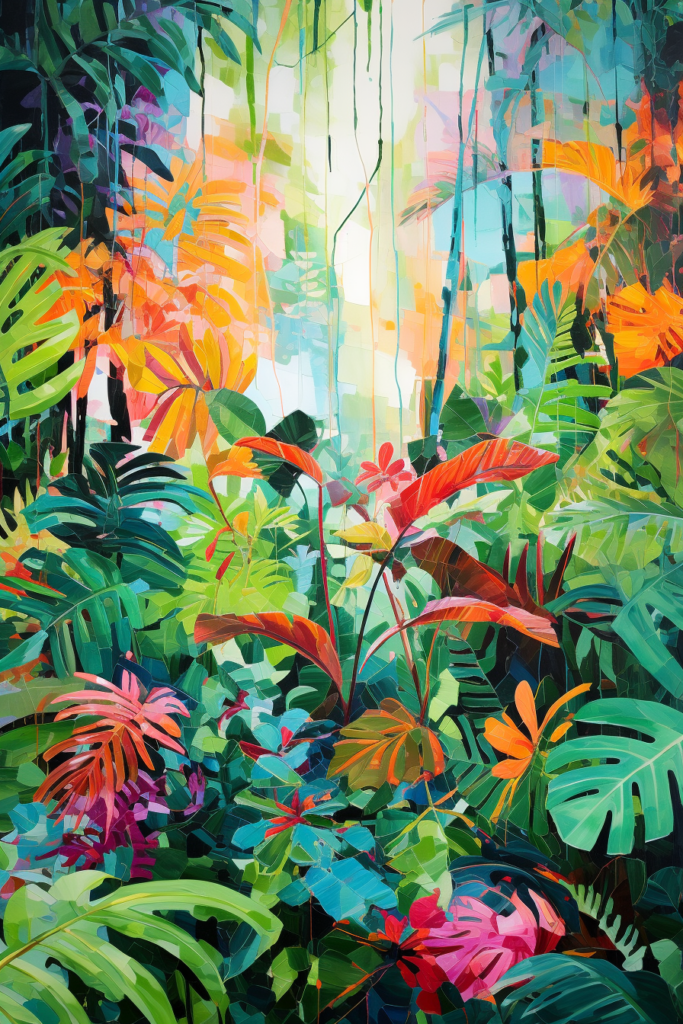 A painting of a tropical jungle with colorful plants.