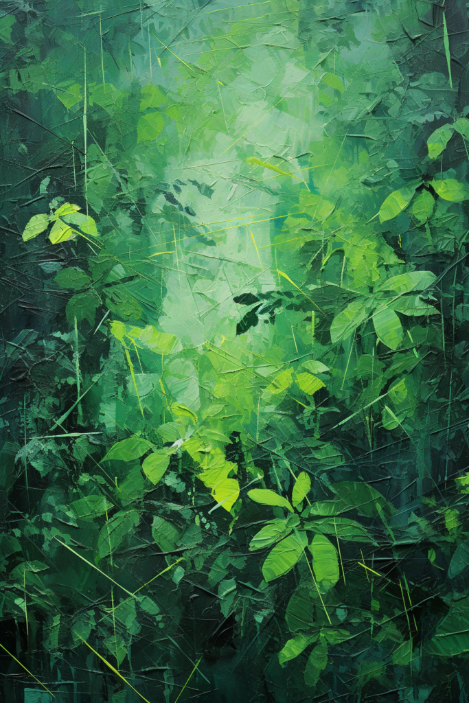 A painting of green leaves in a forest.