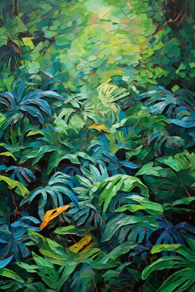 An oil painting of a tropical forest.