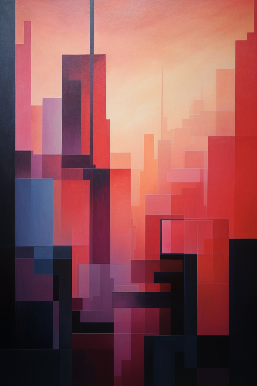 An abstract painting of a city at sunset.