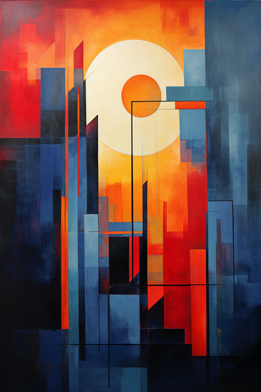 A painting of a city at sunset.