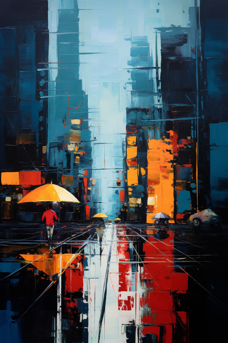 A painting of a person walking down a street with an umbrella.