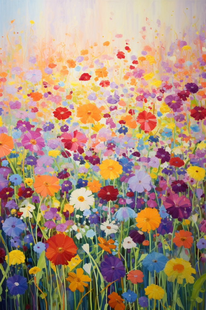 A painting of a colorful field of flowers.
