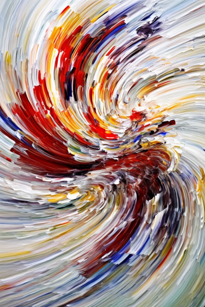 An abstract painting of a colorful swirl.