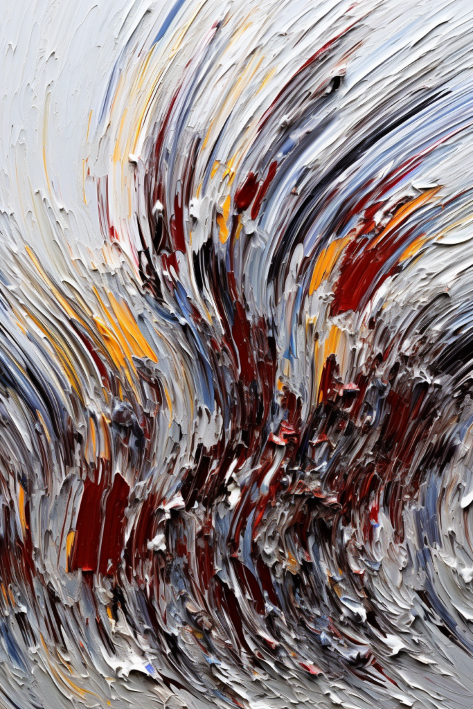 An abstract painting with red, yellow, and blue colors.