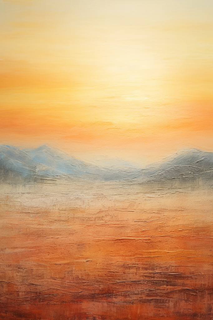 A painting of a sunset with mountains in the background.