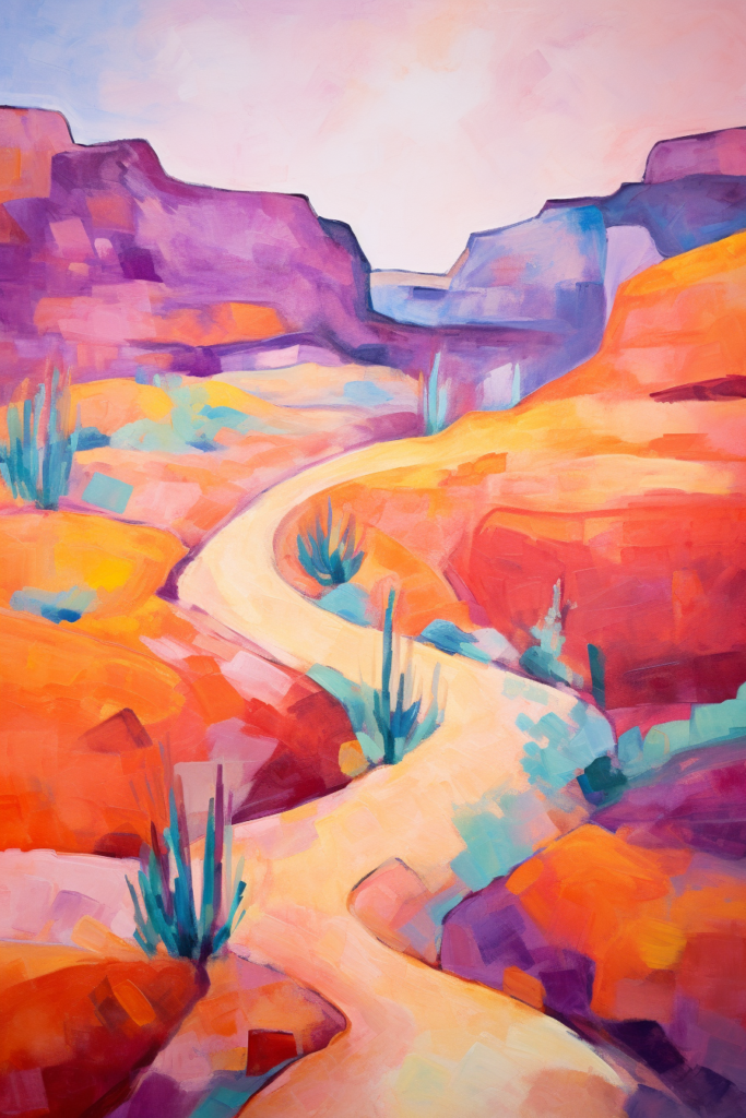 A painting of a road in the desert.