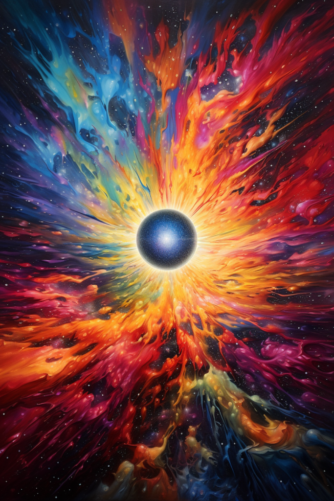 A painting of a colorful burst of light.
