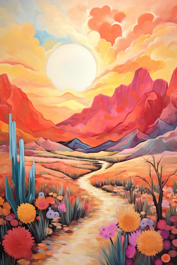 A painting of a desert landscape with cactus and flowers.