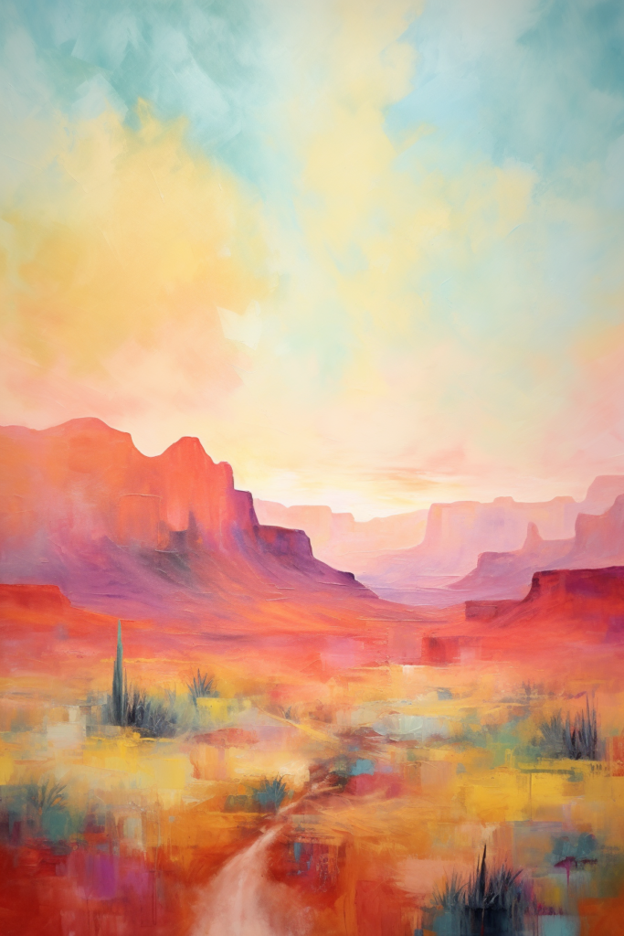 A painting of a desert landscape with a path.