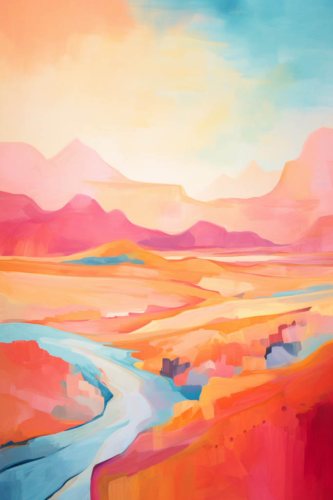 A painting of a desert landscape with a river.