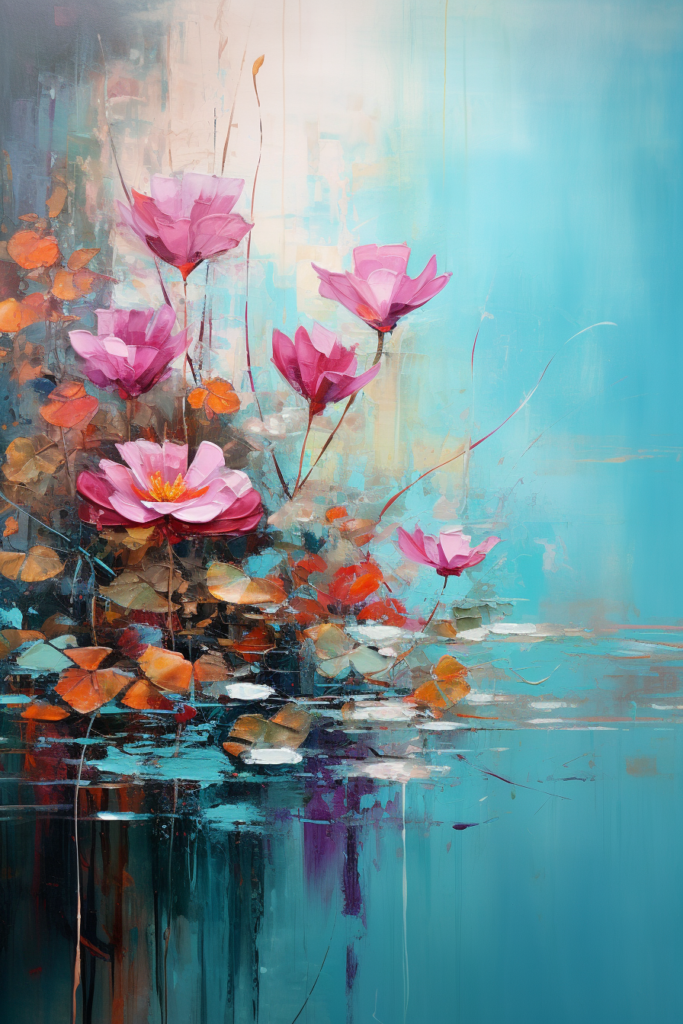 A painting of pink lotus flowers on a blue background.
