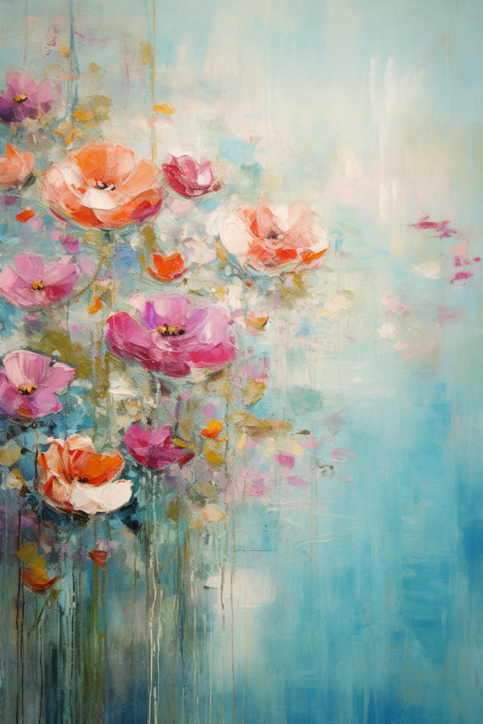 A painting of pink and orange flowers on a blue background.