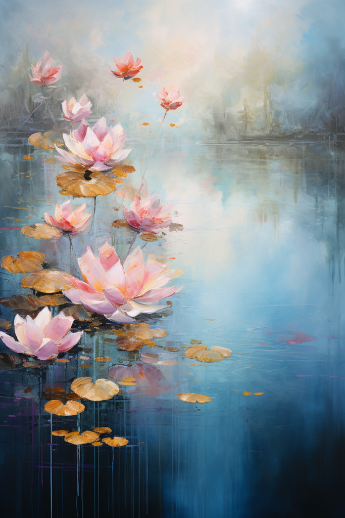 A painting of pink lotus lilies floating in a pond.