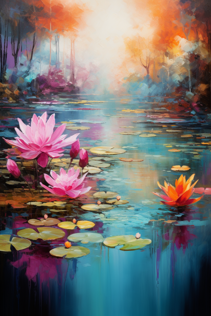 A painting of water lilies in a pond.