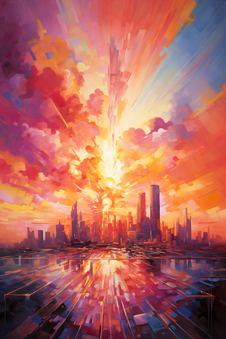 A painting of a city with a sunset behind it.
