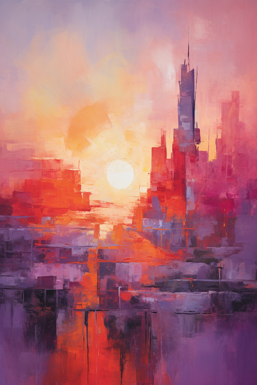 An abstract painting of a city at sunset.