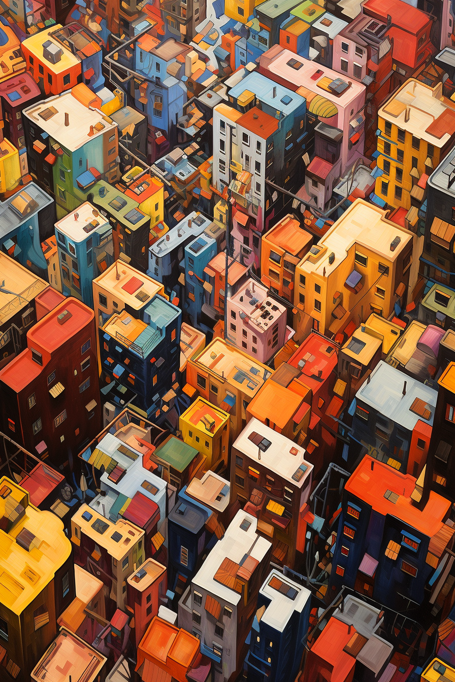 A painting of a city with many colorful buildings.