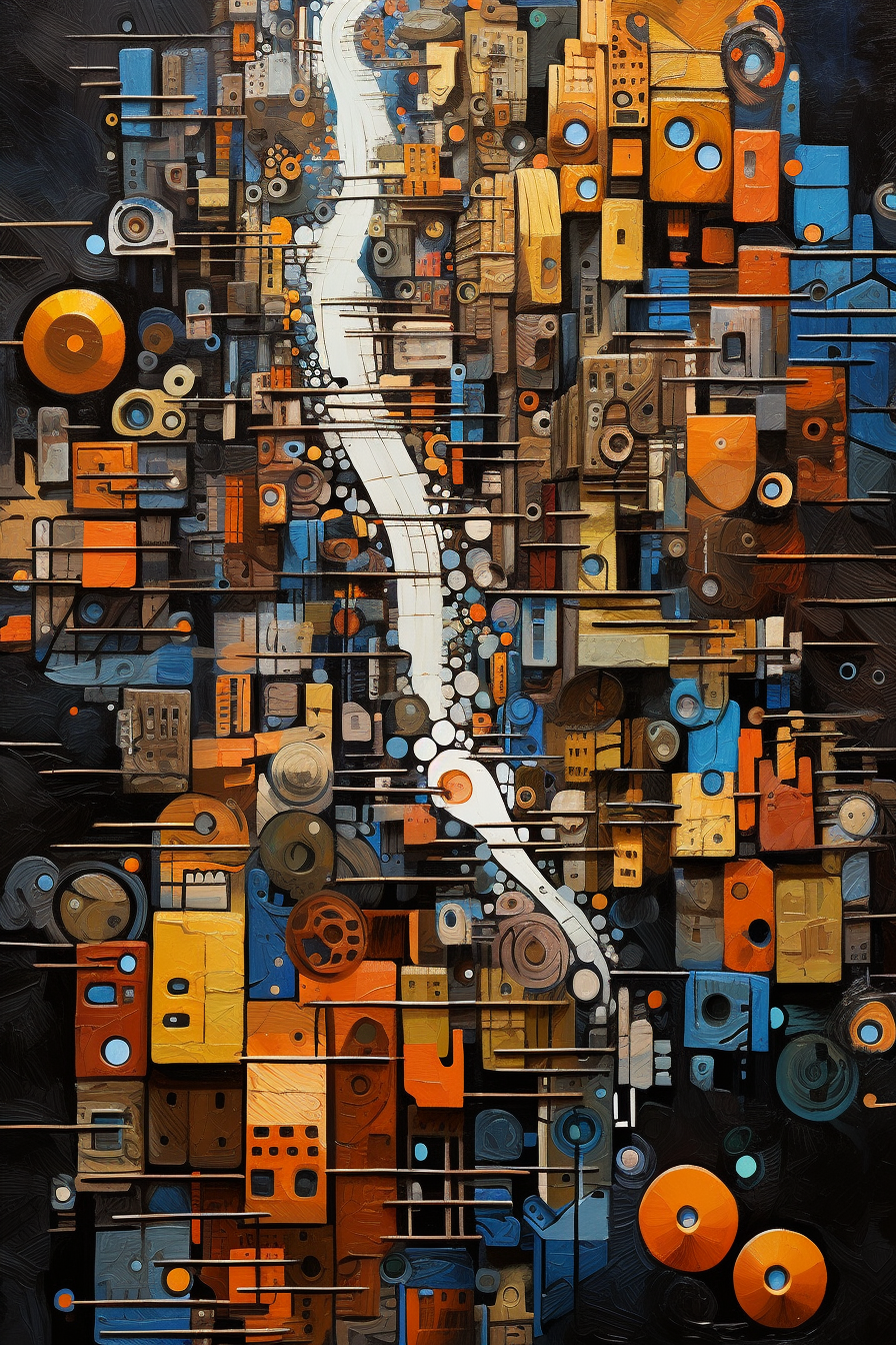 A painting of a city with orange and blue colors.