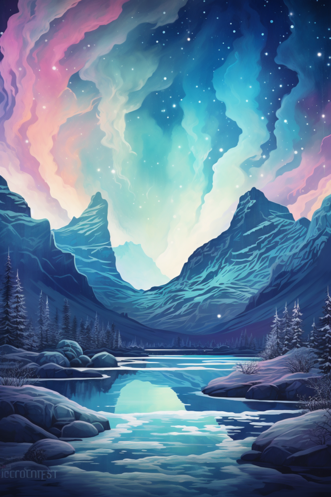 A painting of the aurora borealis in the mountains.