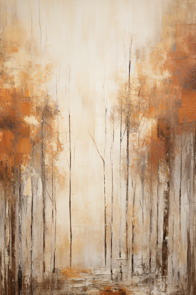 A painting of a forest in orange and brown.