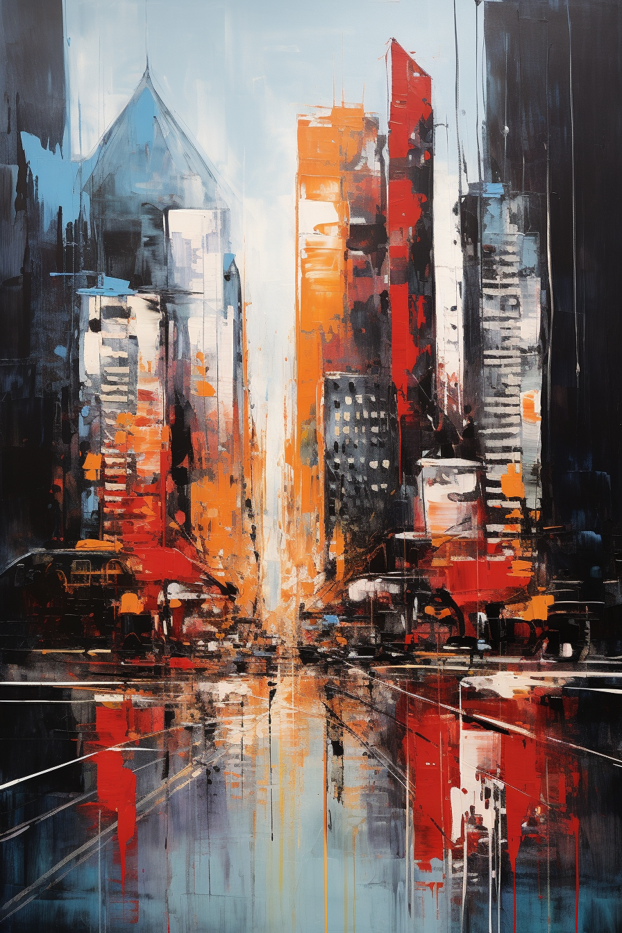 An abstract painting of a city scene.