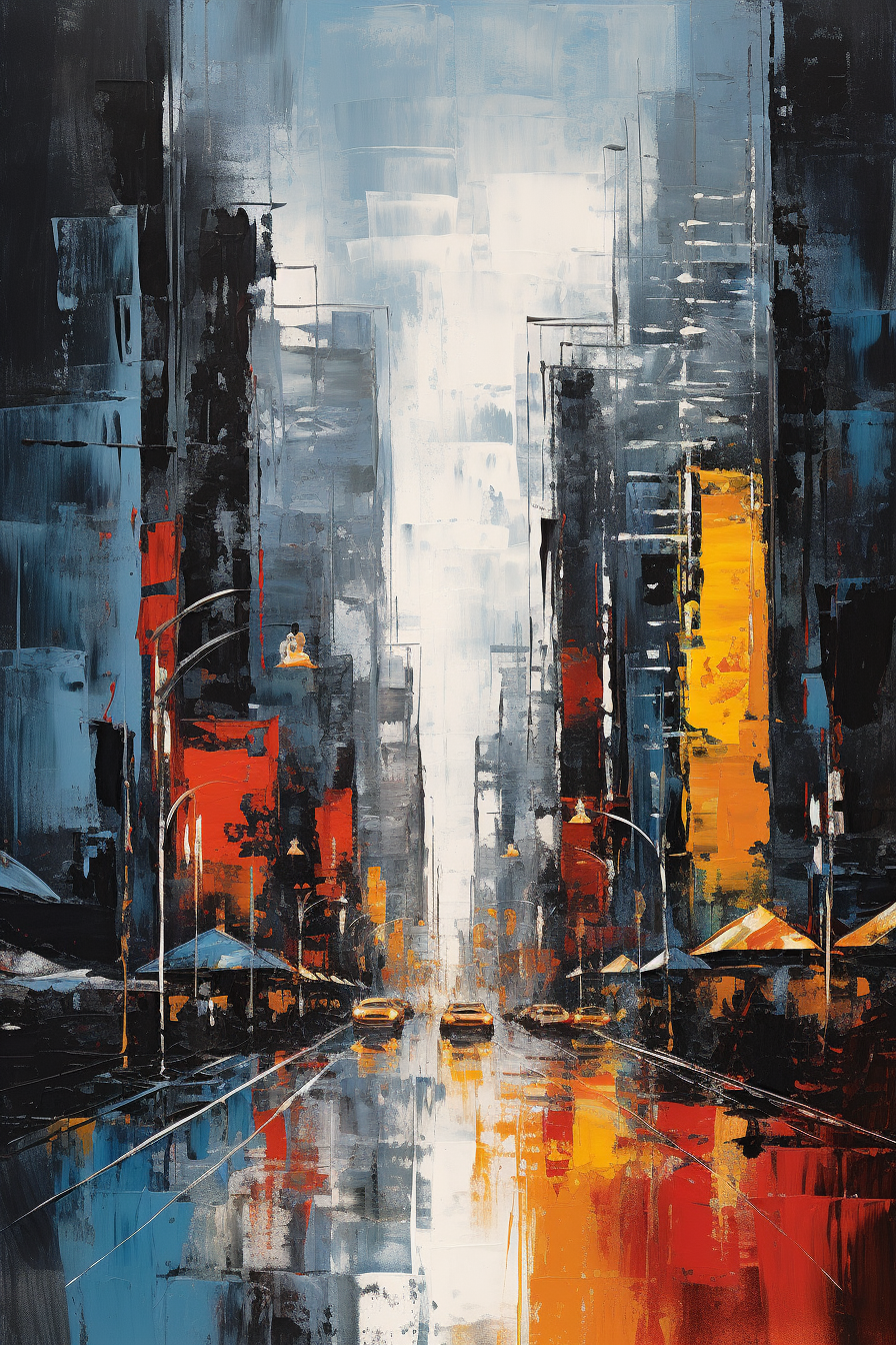 An abstract painting of a city street.