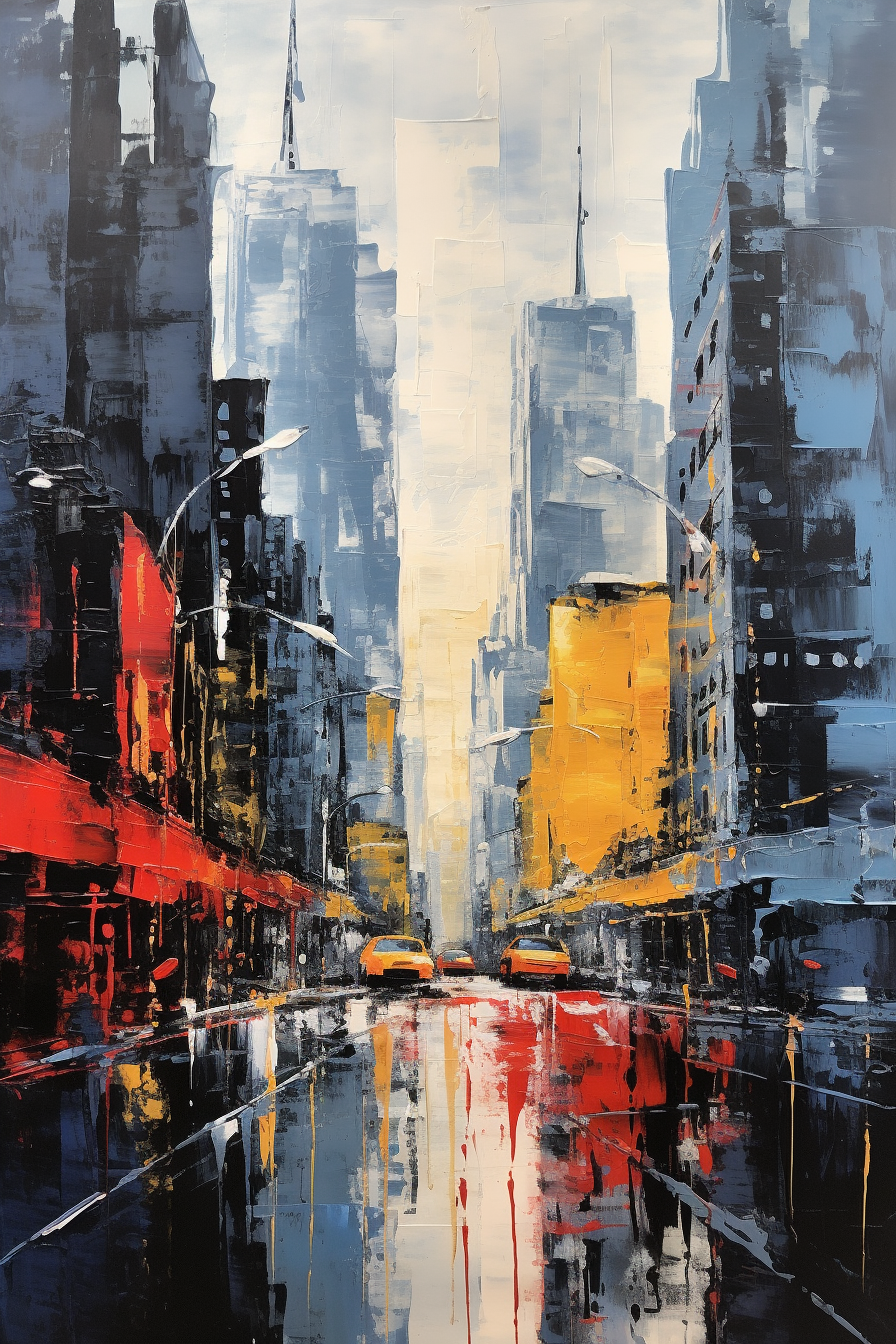 An abstract painting of a city street.