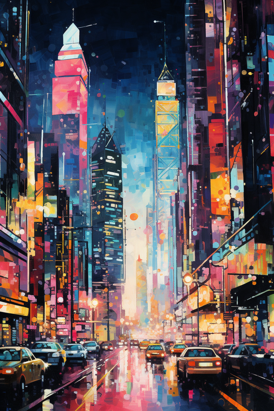 A painting of a city at night.