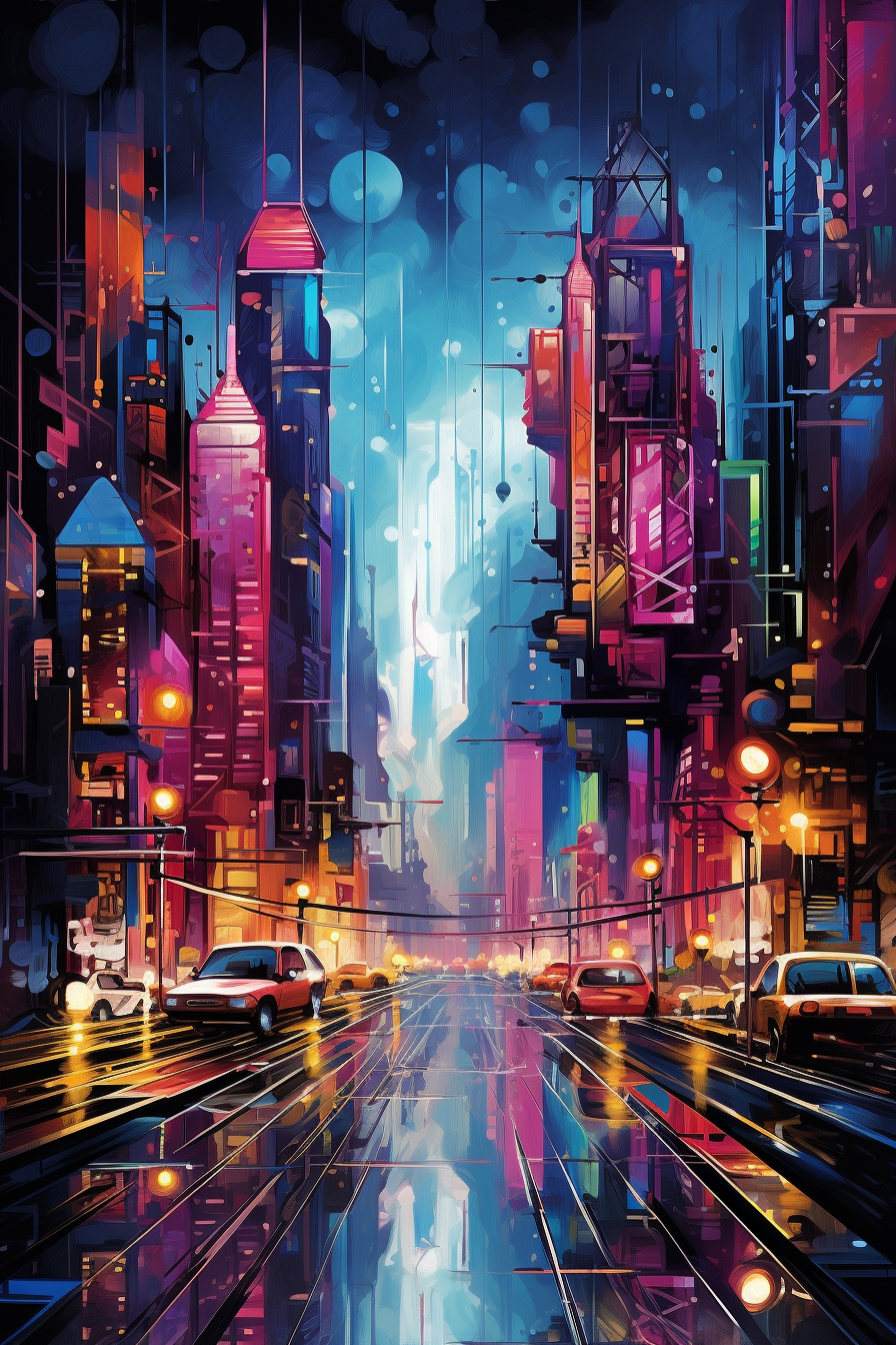A painting of a city at night.